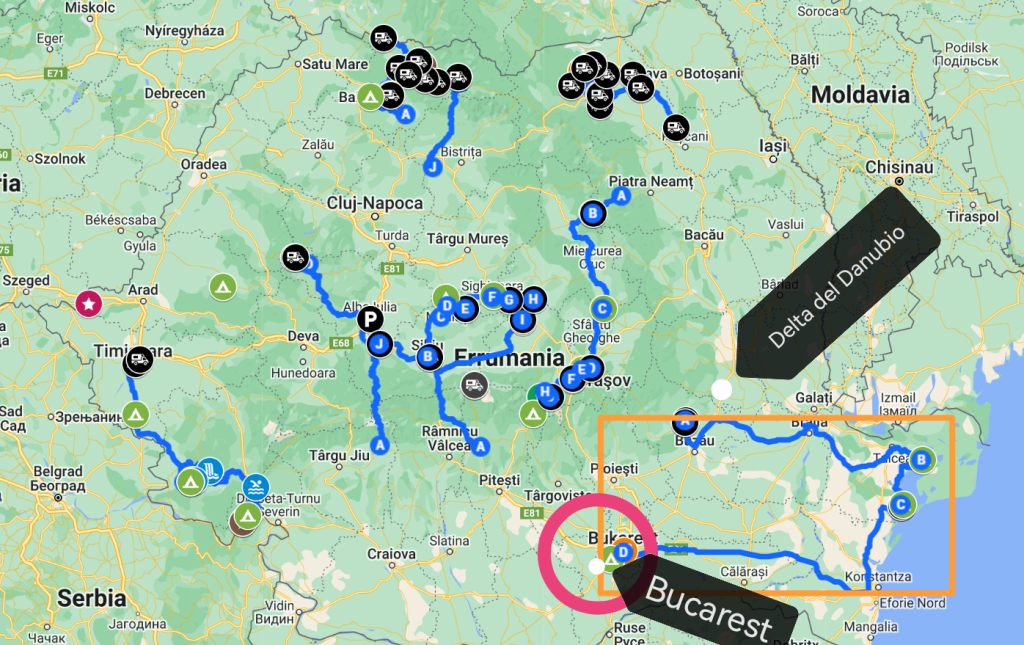 Mapa de viaje Bucarets en autocaravana