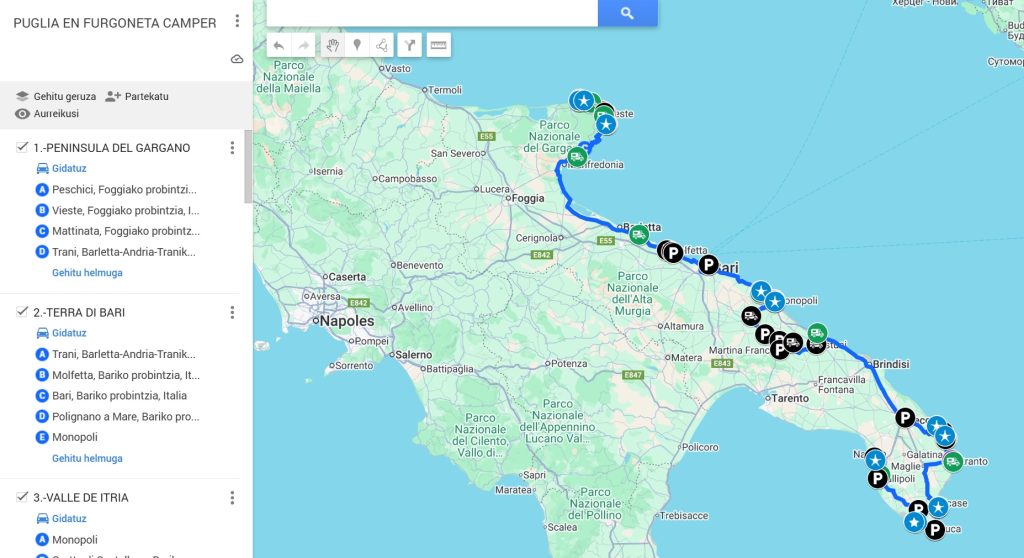 Mapa interactivo para viajar a La Puglia en autocaravana