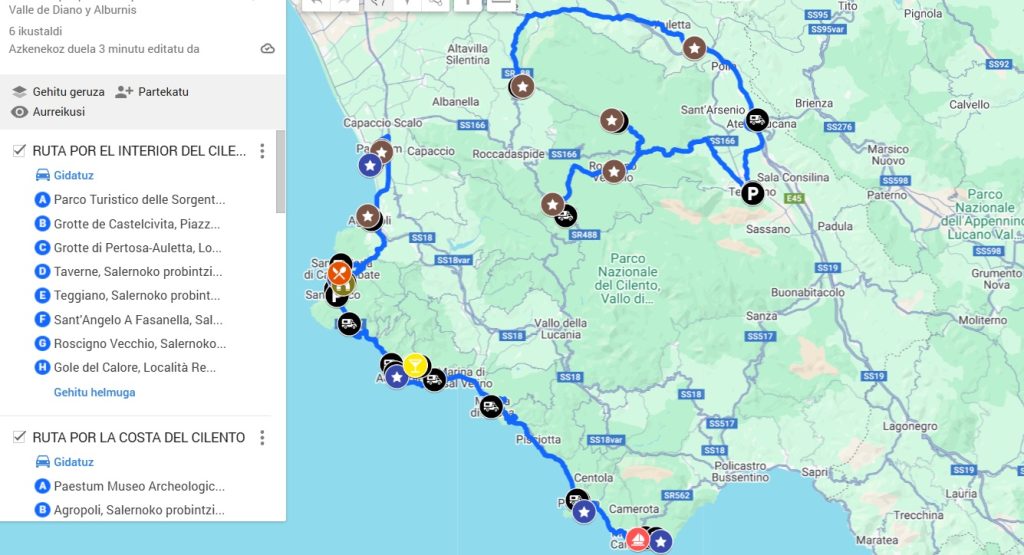 Mapa interactivo para viajar por el Cilento en camper