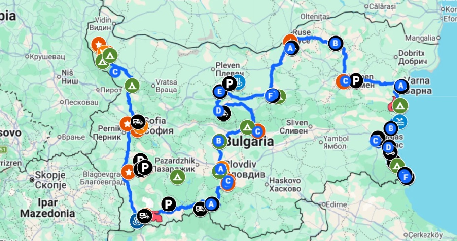 Mapa interactivo para viajar a Bulgaria en camper