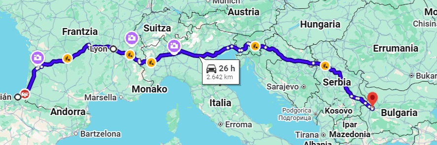 Ruta recomendada para llegar a Bulgaria 