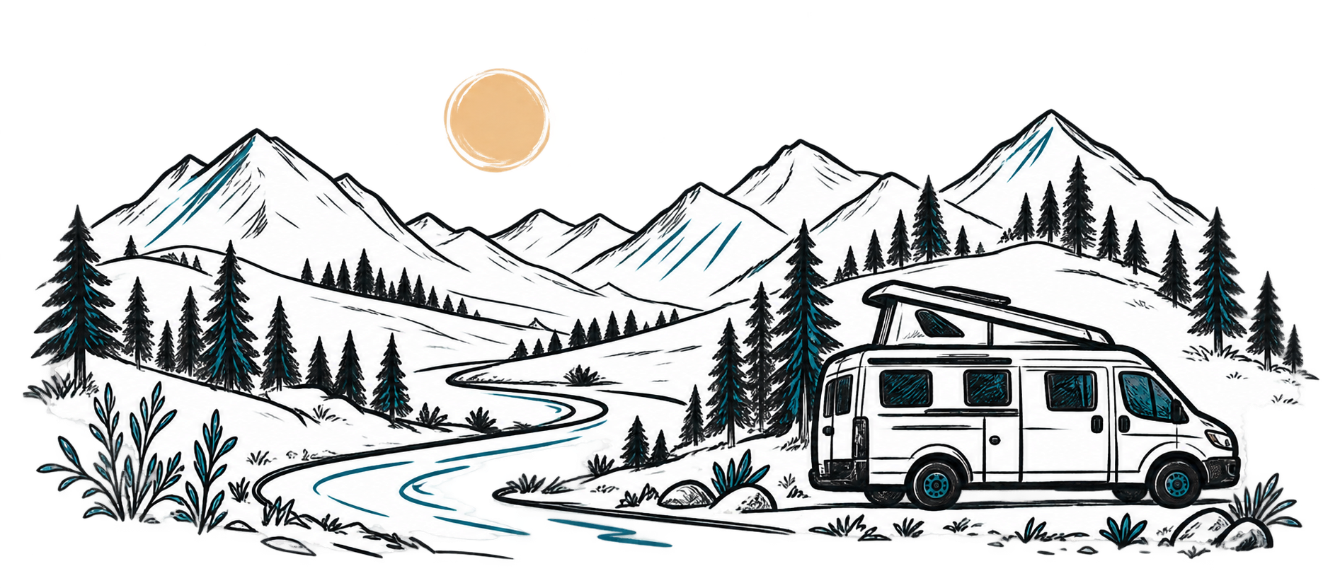 Ilustración de la camper acampada en un paisaje de montaña